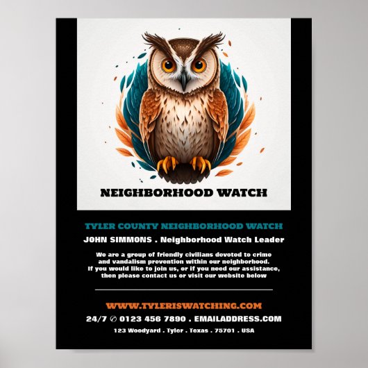 Uil ontwerp, wijk gemeenschap horloge advertentie poster (Voorkant)