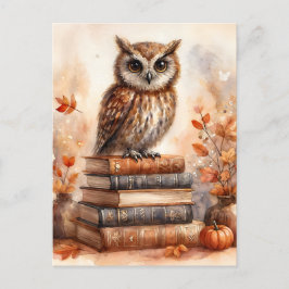 Uil op Boeken Herfst Waterverf Kunst Briefkaart