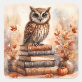 Uil op boekenstapel met herfstbladeren vierkante sticker