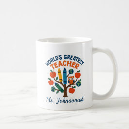 Uil op boom Werelds Beste Leraar ft. kleurpotloden Koffiemok