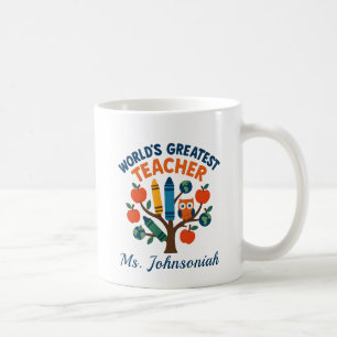 Uil op boom Werelds Beste Leraar ft. kleurpotloden Koffiemok