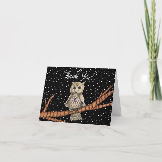  Uil op Branch Paarse Ketting Sterren Zwart Bedankkaart (Voorkant)