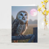Uil op een hek met roze maan kaart (Gele Bloem)