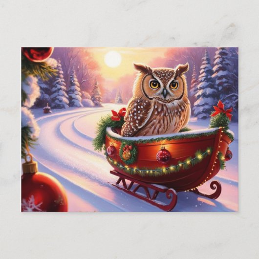 Uil op een slee tijdens de feestdagen briefkaart (Voorkant)