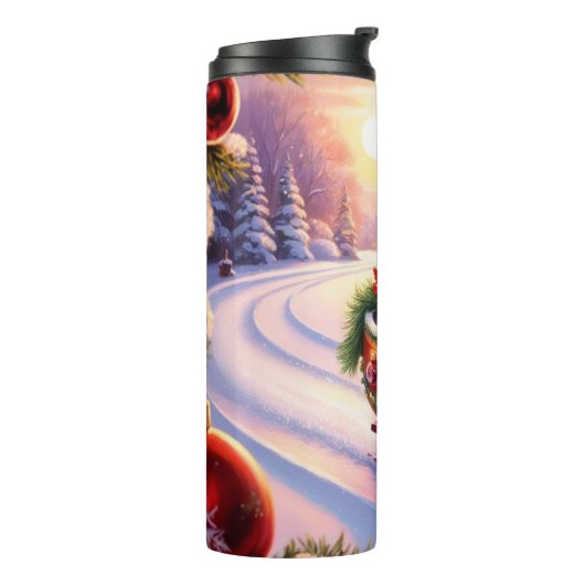 Uil op een slee tijdens de feestdagen thermosbeker (Gedraaid links)