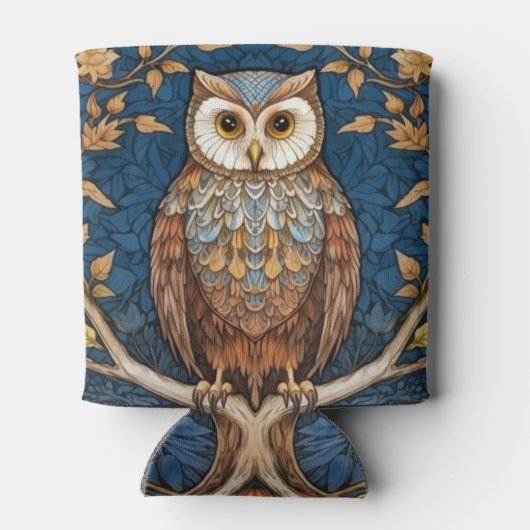 Uil op een tak blauwe herfst achtergrond art nouve blikjeskoeler (Achterkant)