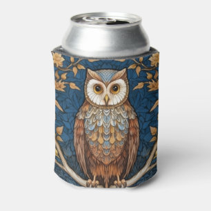 Uil op een tak blauwe herfst achtergrond art nouve blikjeskoeler