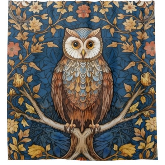 Uil op een tak blauwe herfst achtergrond art nouve douchegordijn (Voorkant)