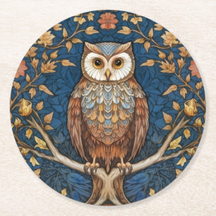Uil op een tak blauwe herfst achtergrond art nouve ronde kartonnen onderzetter