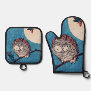 Uil op esdoorntak onder volle maan, Hiroshige Ovenwant & Pannenlap Set