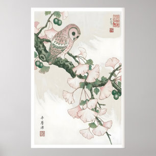 Uil op Ginkgo Muurkunst - Kalm, Vintage Botanisch Poster