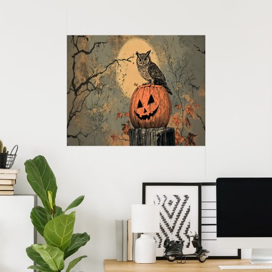  Uil op Jack-o'-Lantern Poster (Thuiskantoor)