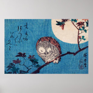 Uil op Maple Branch onder Volle Maan, Hiroshige Poster