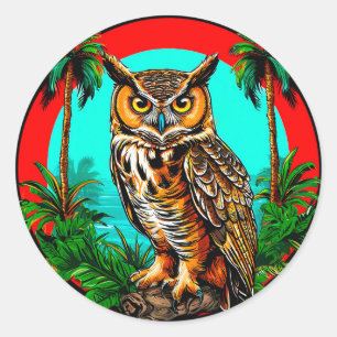 Uil op rots 🦉 Natuur Nacht Vogel Kunst 🌙 Ronde Sticker