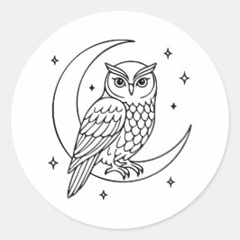 Uil op sikkelvormige maan met sterren Lijnkunst Ronde Sticker