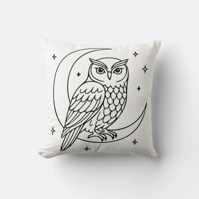 Uil op wassende maan met sterren Lijntekening Kussen (Voorkant)