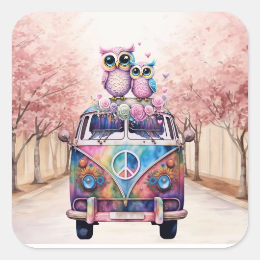 Uil paar op een Hippie Van Vierkante Sticker (Voorkant)