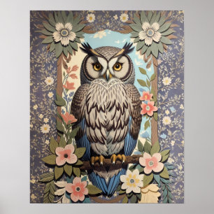 Uil Pastel Floral William Morris geïnspireerd Poster