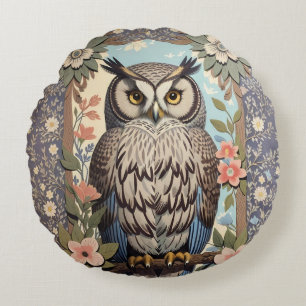 Uil Pastel Floral William Morris geïnspireerd Rond Kussen