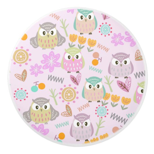 Uil Pastel Pink Keramische Knop (Voorkant)