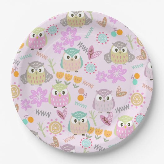 Uil Pastel Roze Papieren Bordje (Voorkant)
