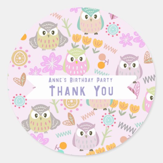 Uil Pastel Roze Ronde Sticker (Voorkant)