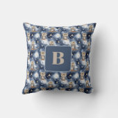 Uil patroon blauw nacht monogram kussen (Achterkant)