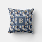 Uil patroon blauw nacht monogram kussen (Voorkant)