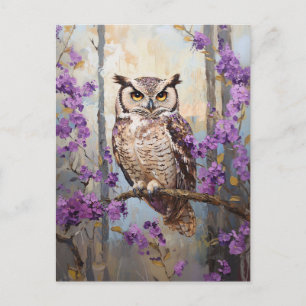 Uil Perched Purple Flowers schilderij Briefkaart