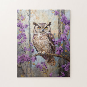 Uil Perched Purple Flowers schilderij Legpuzzel