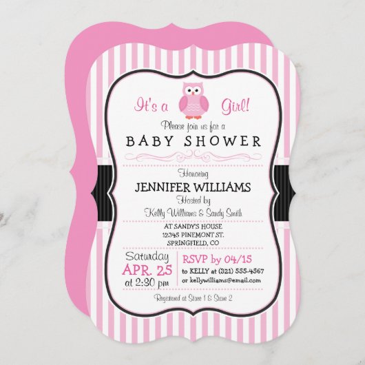 Uil; Pink Stripes Baby shower Uitnodiging (Voorkant / Achterkant)