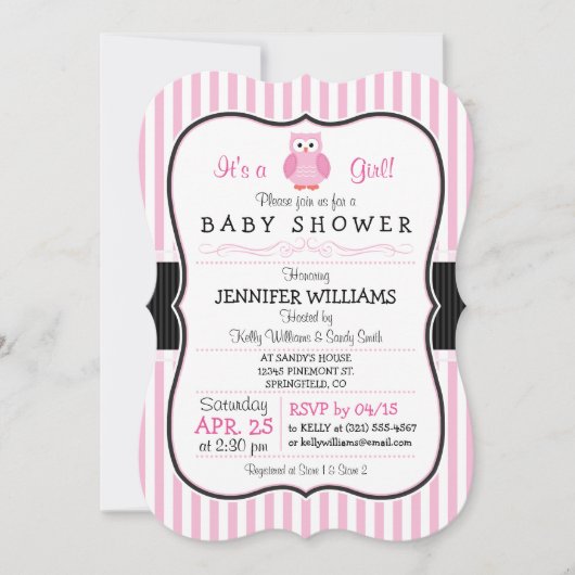 Uil; Pink Stripes Baby shower Uitnodiging (Voorkant)