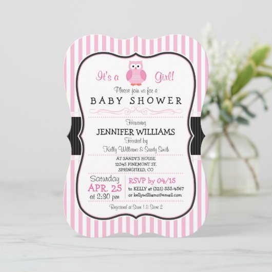 Uil; Pink Stripes Baby shower Uitnodiging (Staand voorkant)