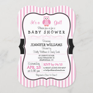 Uil; Pink Stripes Baby shower Uitnodiging