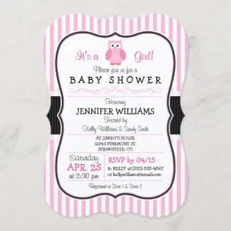 Uil; Pink Stripes Baby shower Uitnodiging