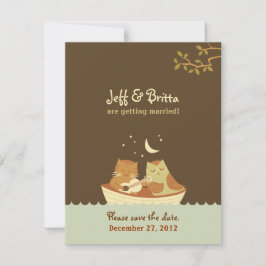 Uil & Poesje Sprookjes Huwelijk (Blauw en Bruin) Save The Date