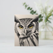 Uil portret- houtskool schets briefkaart (Staand voorkant)