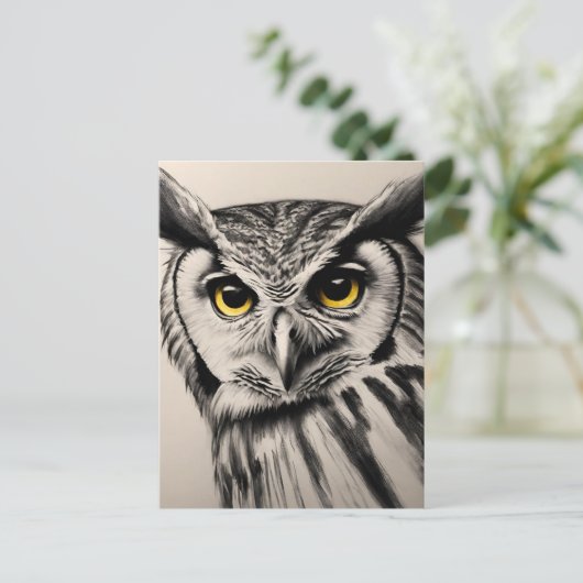 Uil portret- houtskool schets briefkaart (Staand voorkant)