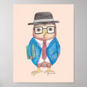 Uil Poster Grappige Uil met Boek Dieren Muur Decor