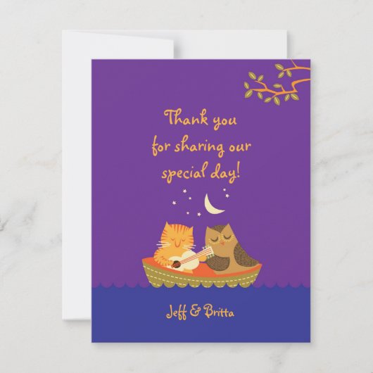 Uil & Pussycat Storybook Bruiloft (Paarse en Blauw Bedankkaart (Voorkant)