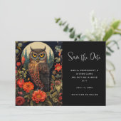 Uil 's nachts met een volle maan bruiloft save the date (Staand voorkant)