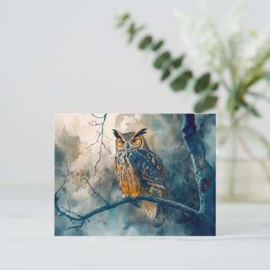 Uil 's nachts zittend op een tak waterverf painti briefkaart (Staand voorkant)