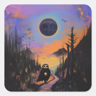 Uil Schedel Zwarte Maan Magie Mystieke Heks AI Art Vierkante Sticker