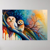 Uil schilderij baars tak verf kleurrijke druppel poster (Voorkant)