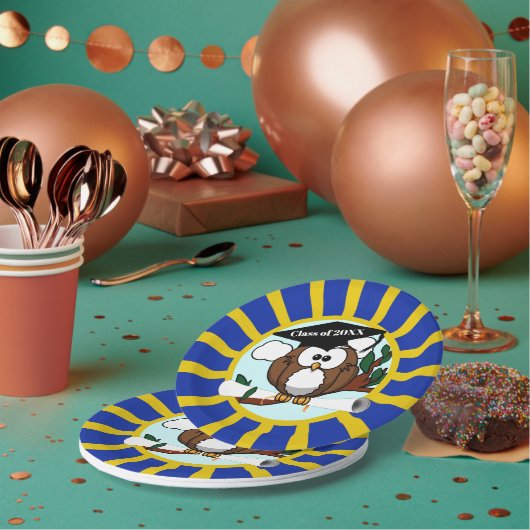 Uil school kleuren blauw en goud Afstuderen Papieren Bordje (Multi)