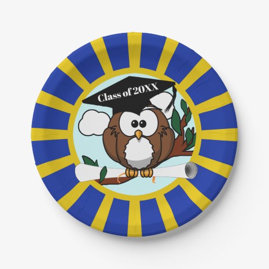 Uil school kleuren blauw en goud Afstuderen Papieren Bordje (Voorkant)