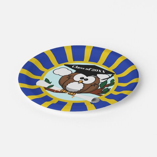 Uil school kleuren blauw en goud Afstuderen Papieren Bordje (Gekanteld)