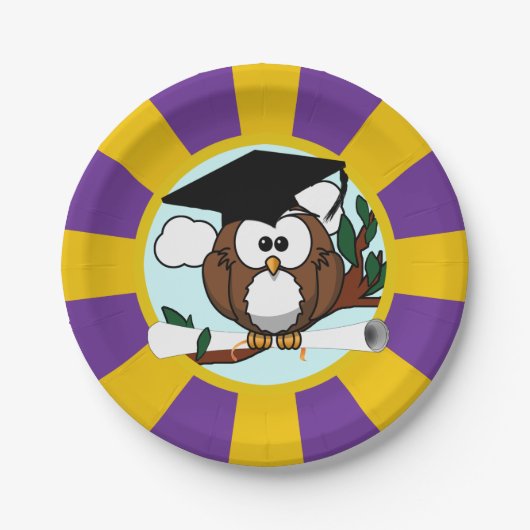 Uil school kleuren rood en goud Afstuderen Papieren Bordje (Voorkant)