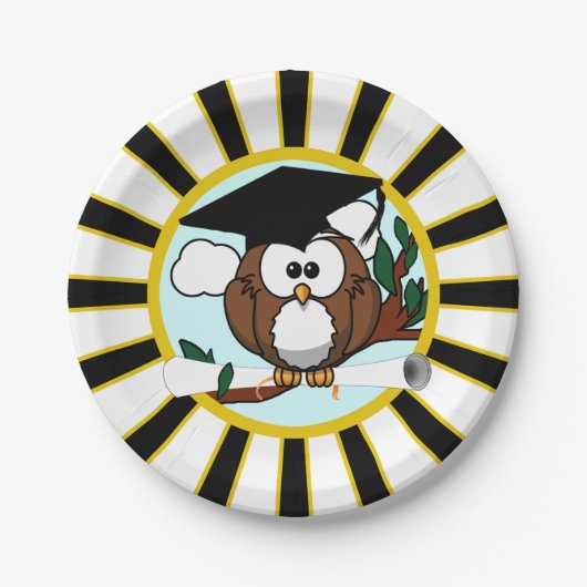 Uil School Kleuren Zwart en Goud Afstuderen Papieren Bordje (Voorkant)