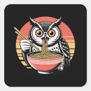 Uil Slurping Ramen Japans Ukiyo-e Stijl Vierkante Sticker
